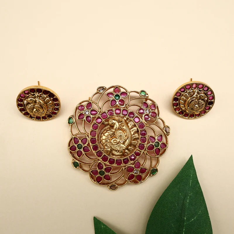 Premium Kemp Kundan Antique Annapakshi Chakram Detachable Pendant set